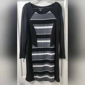 Elegant Black and Gray Striped Long Sleeve Dress
